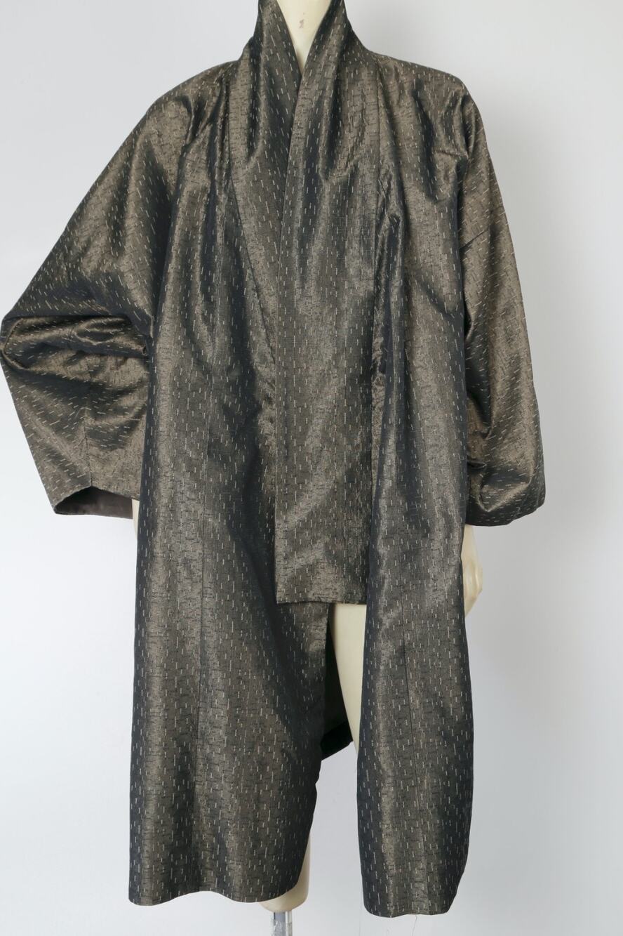 Vintage Handmade Raw Silk Jacquard Duster Coat Robe Kimono Trench Jacket OS